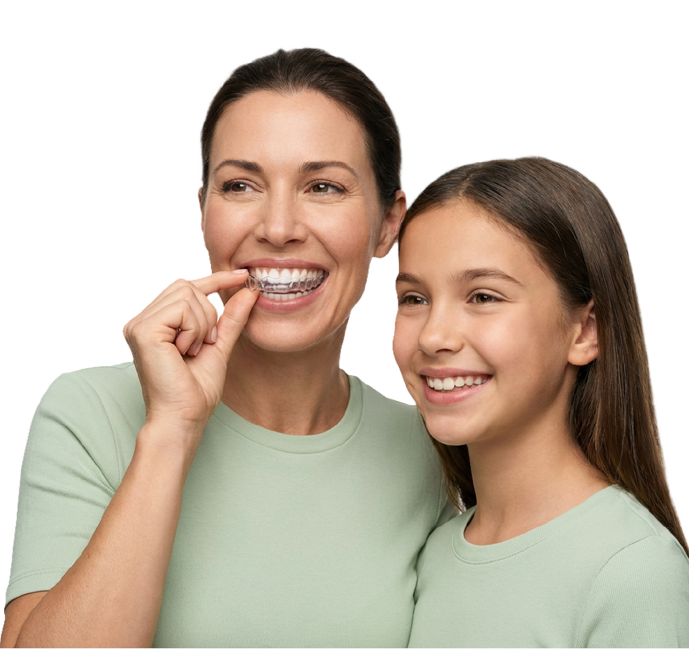 Woman and child smiling confidently with Clear Smile aligners